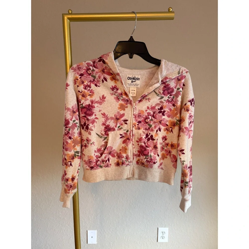 OshKosh Bgosh Girls Floral Full Zip Hoodie Pink Orange Flower Sweatshirt Size 12